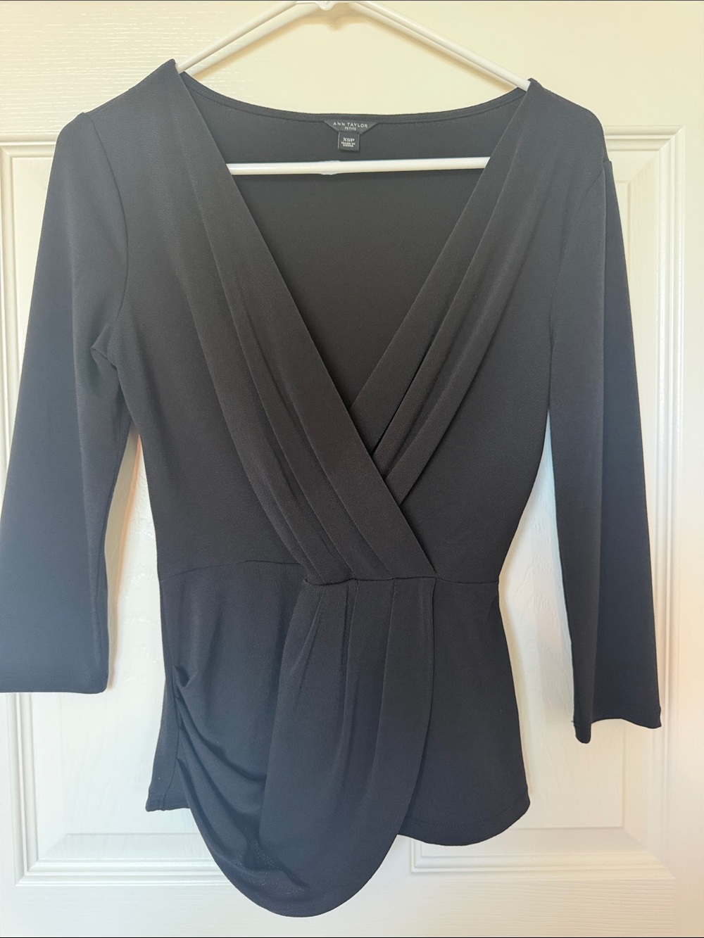 Anne Taylor Black Faux-Wrap V-Neck Blouse